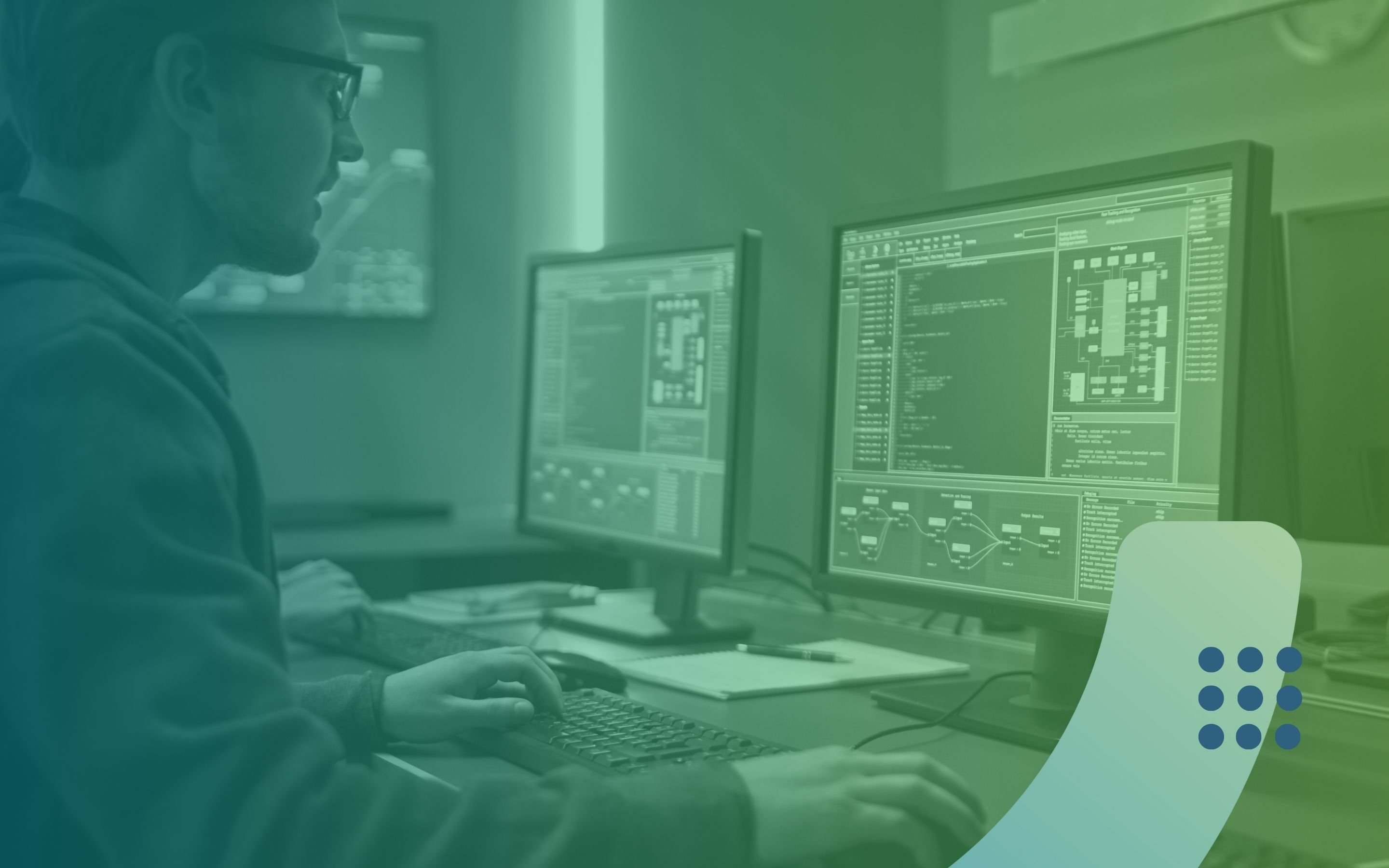 A man seated at a computer, engaged in API simulation and software development, set against a green background.