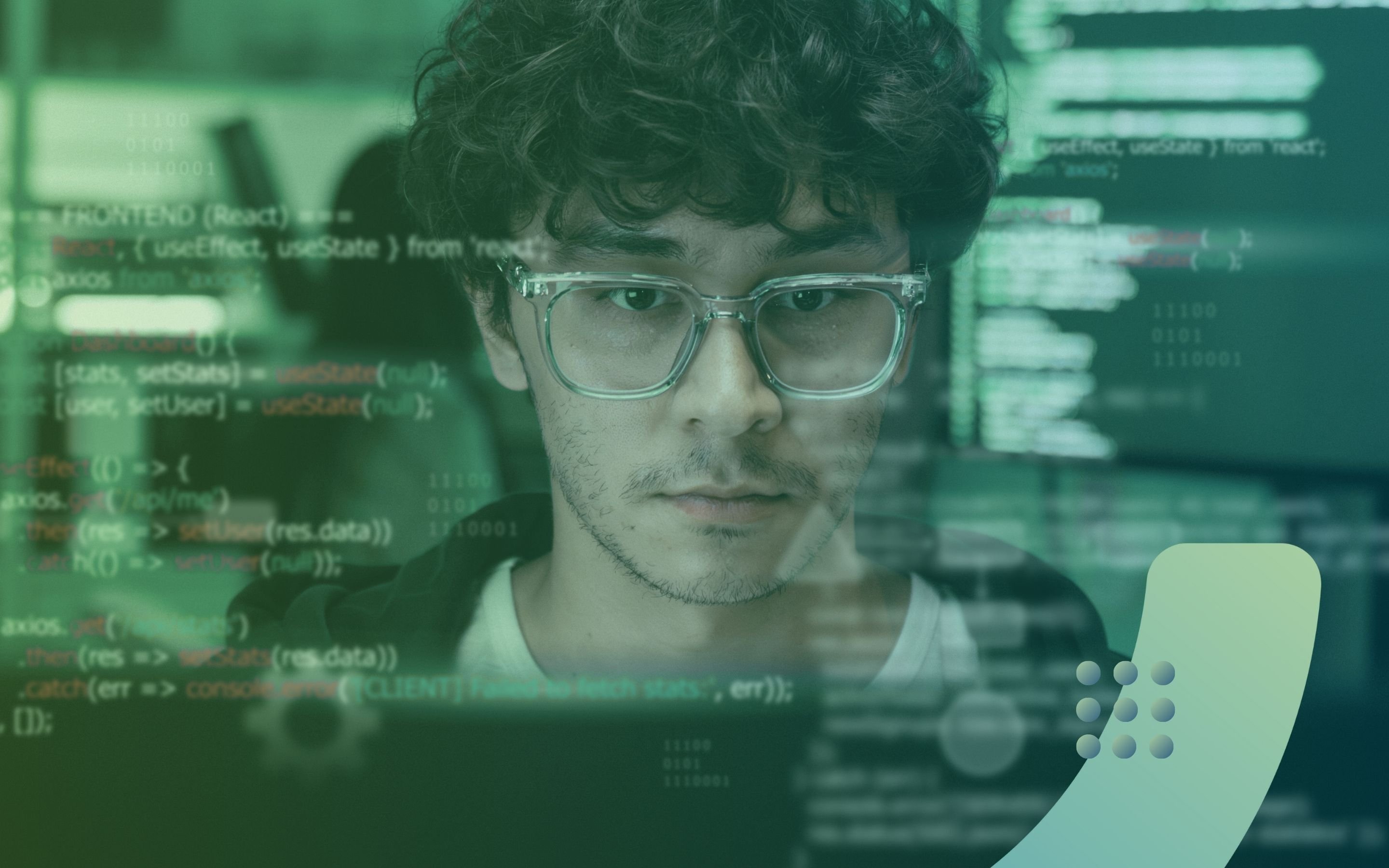A close-up portrait of a developer wearing glasses, with lines of complex frontend code and an enterprise service virtualization interface projected across their view.