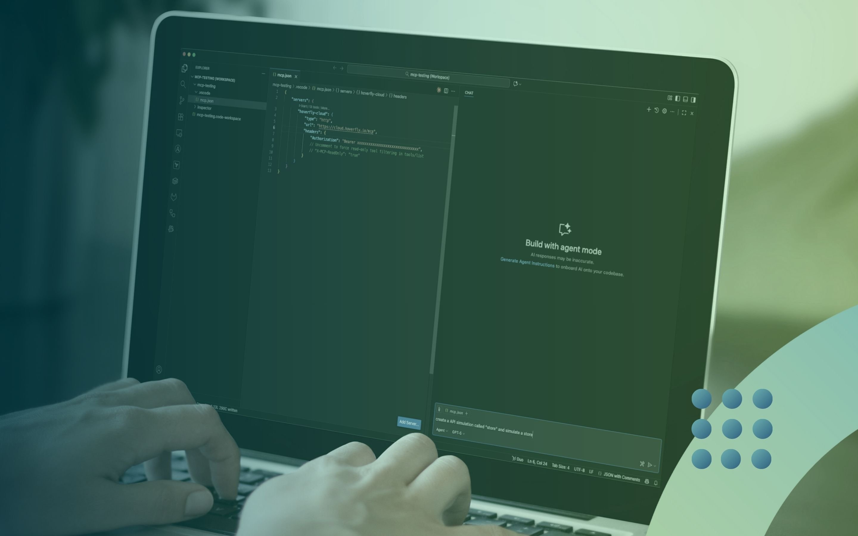 A developer using the Hoverfly Cloud API simulation dashboard with an AI Agent integration to improve their workflow.