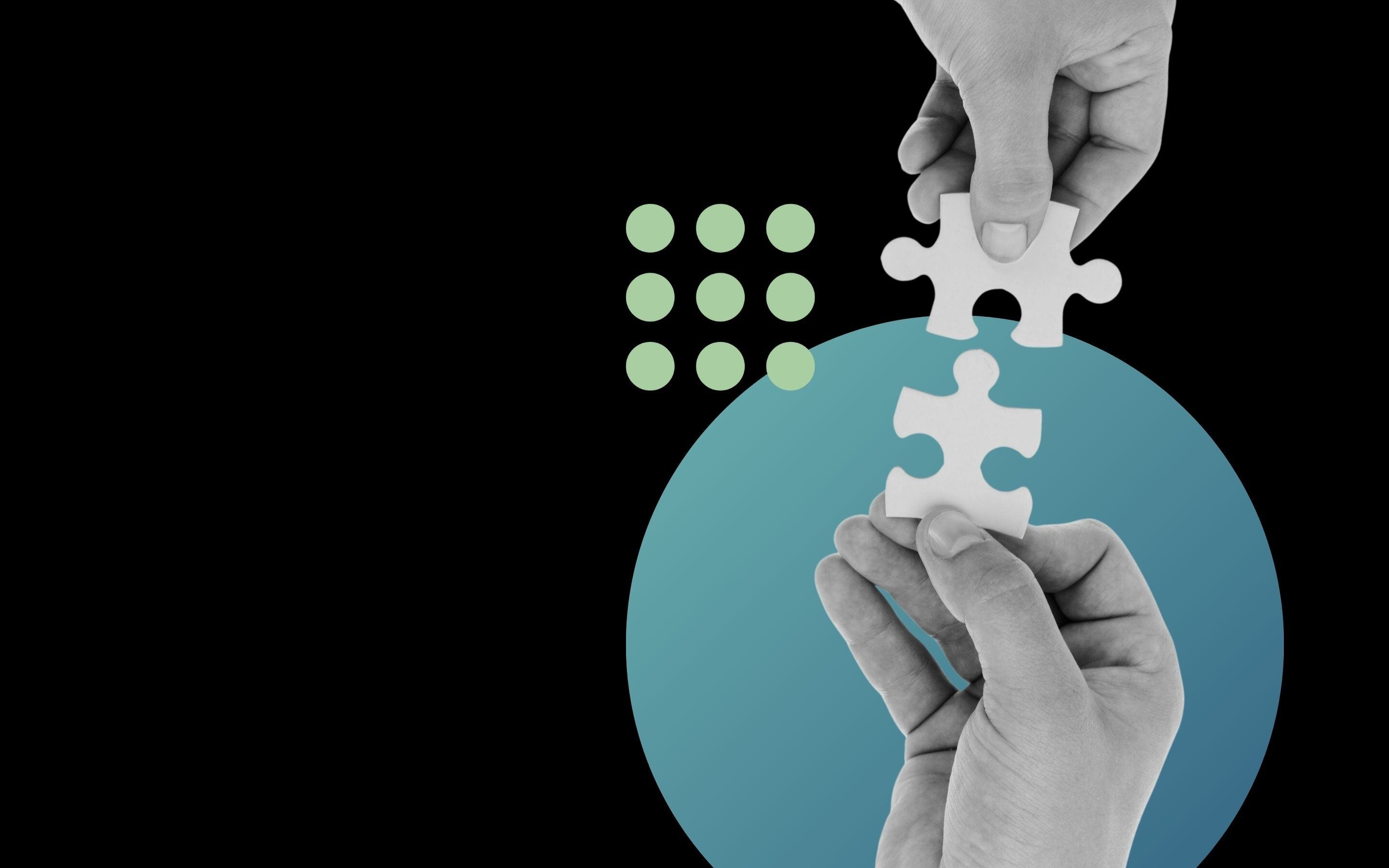 Two hands hold puzzle pieces, symbolising how to streamline API integration, highlighted by a surrounding circle.